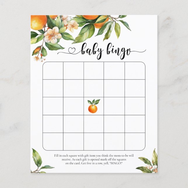 Kleine Süsse Citrus Orange Baby Shower Bingo Spiel (Vorderseite)