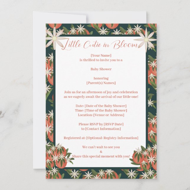 Kleine Süsse Clementine| Citrus Theme Baby Dusche Einladung (Vorderseite)