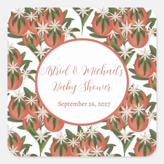 Kleine Süsse Clementine | Citrus Theme Baby Dusche Quadratischer Aufkleber (Vorderseite)