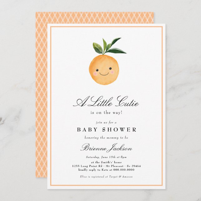Kleine Süsse Clementine Orange Moderne Babydusche  Einladung (Vorne/Hinten)