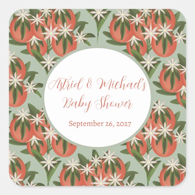 Kleine Süsse Clementine Sage | Citrus Baby Shower Quadratischer Aufkleber (Vorderseite)