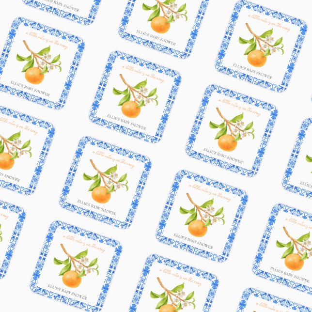 Kleine Süsse | Clementines & Tiles Baby Dusche Quadratischer Aufkleber (A Little cutie is on the way | Personalized Baby Shower Stickers)