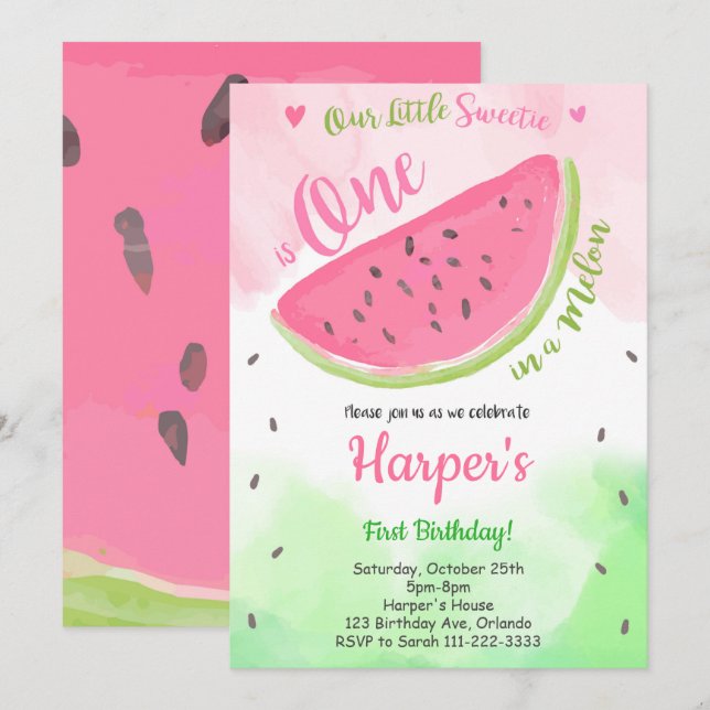 Kleine Süße Eins in Melon Watermelon Einladung (Vorne/Hinten)