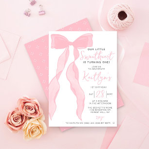 Kleine Süße Elegante Rosa Schleife Geburtstagsfeie Einladung
