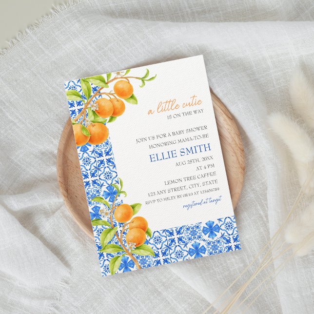 Kleine Süsse | Mediterranean Citrus Baby Dusche Einladung (Mediterranean tiles and tangerines baby shower invitation)