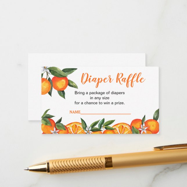 Kleine Süsse Orange Baby Duschdusche Windeln Raffl Begleitkarte (Vorderseite/Rückseite Beispiel)