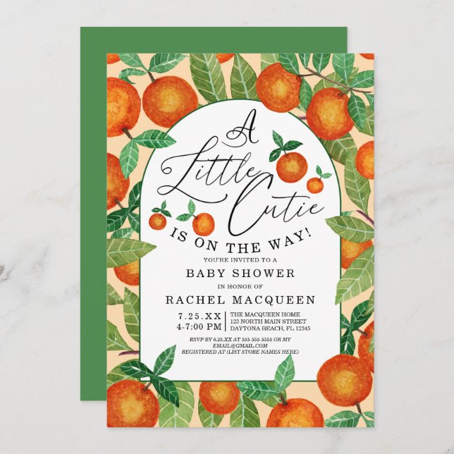 Kleine Süsse Orange Botanical Fruit Baby Dusche Einladung (Vorne/Hinten)