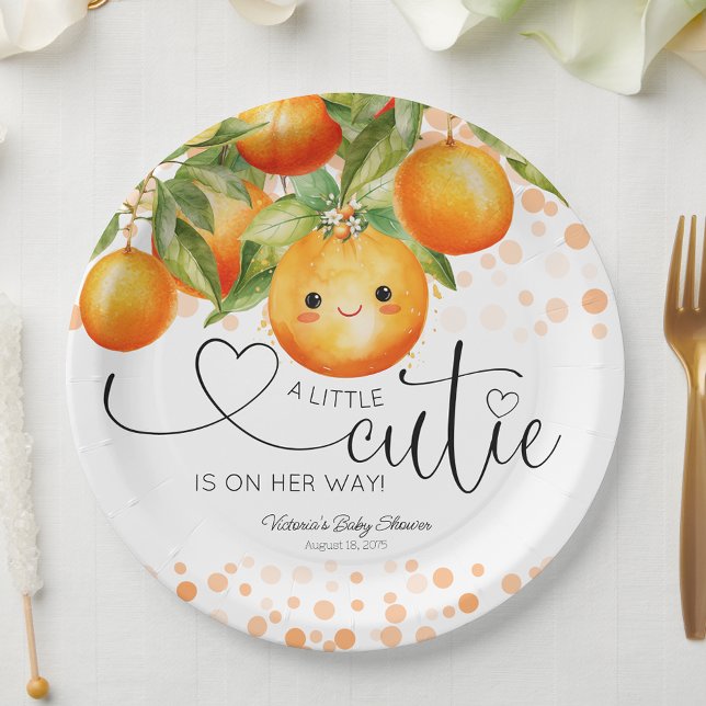 Kleine Süsse Orange Citrus Baby Dusche Pappteller (Little cutie baby shower paper plates with adorable little face. You can add text to personalize.)