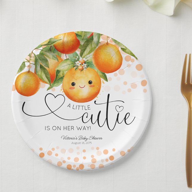 Kleine Süsse Orange Citrus Baby Dusche Pappteller (Little cutie baby shower paper plates with adorable little face. You can add text to personalize.)