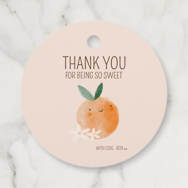 Kleine Süsse Orange Citrus Botanical Baby Dusche Geschenkanhänger (Rückseite)