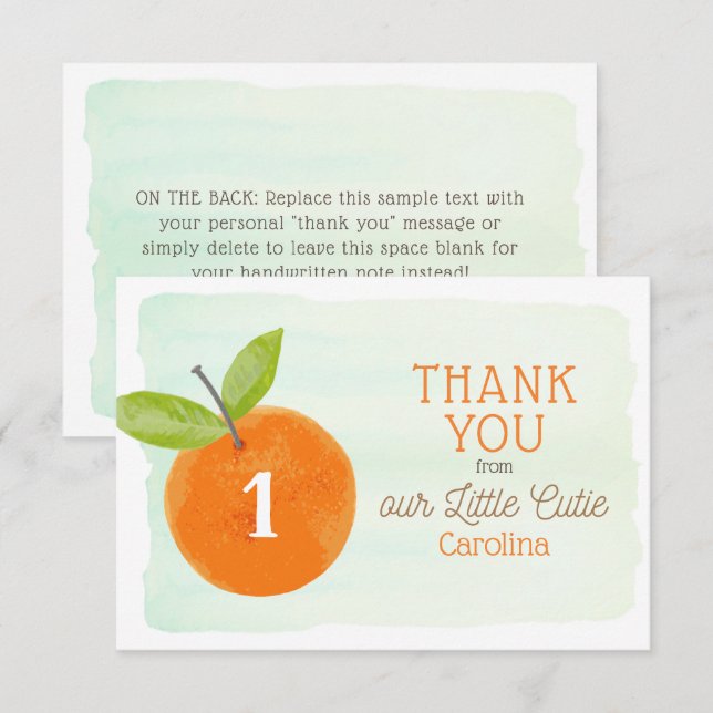 Kleine Süsse Orange Clementine 1. Geburtstag Dankeskarte (Vorne/Hinten)