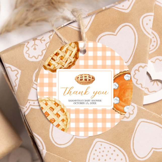 Kleine Süsse Pie Gingham Baby Dusche Runde Geschenkanhänger (Gingham Little Cutie Pie Baby Shower Favor Tags)