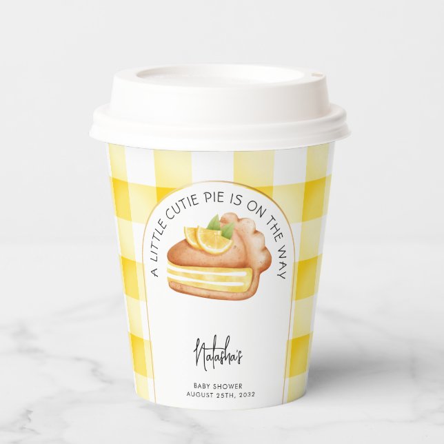 Kleine Süsse Pie Yellow Gingham Kariert Baby Dusch Pappbecher (Vorderseite)