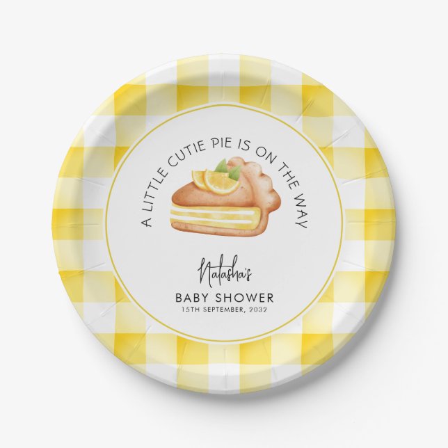 Kleine Süsse Pie Yellow Gingham Kariert Baby Dusch Pappteller (Vorderseite)