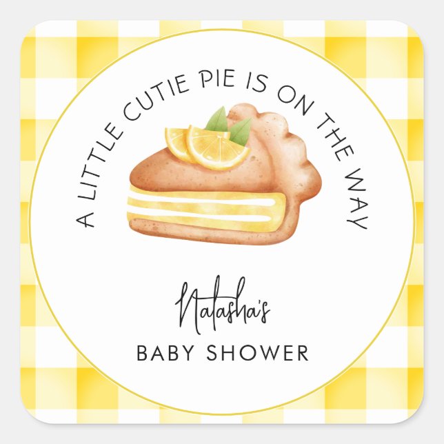 Kleine Süsse Pie Yellow Gingham Kariert Baby Dusch Quadratischer Aufkleber (Vorderseite)