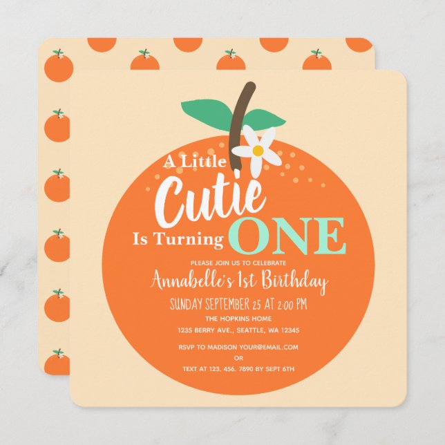 Kleine Süssen machen ein Orange Kids zum ersten Ge Einladung (Vorne/Hinten)
