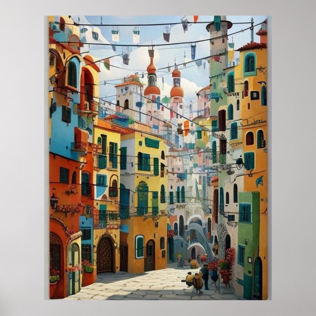 Kleine Touristenstadt mit vielen bunten Häusern Li Poster (Vorne)