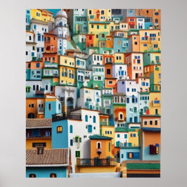 Kleine Touristenstadt mit vielen bunten Häusern Poster