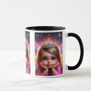 Kleine, träumende Prinzessin mit einer Krone. Tasse