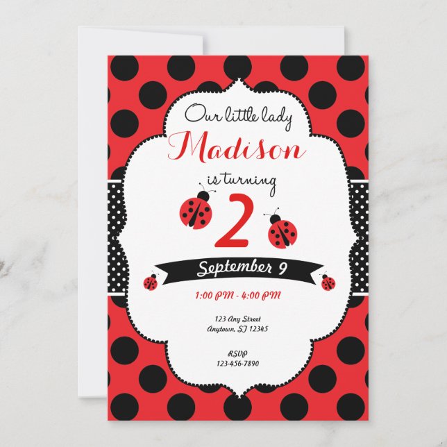 Kleine Tupfen-Einladung Damen-Ladybug Birthday Einladung (Vorderseite)