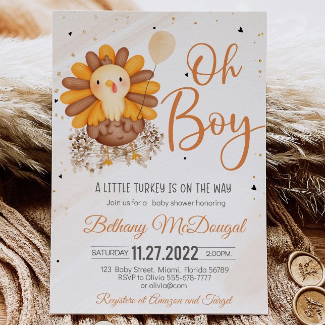 Kleine Türkei unterwegs! Erntedank Babydusche Einladung (A Thanksgiving baby shower invitation with a cute turkey, pumpkins, and autumn leaves, featuring the)