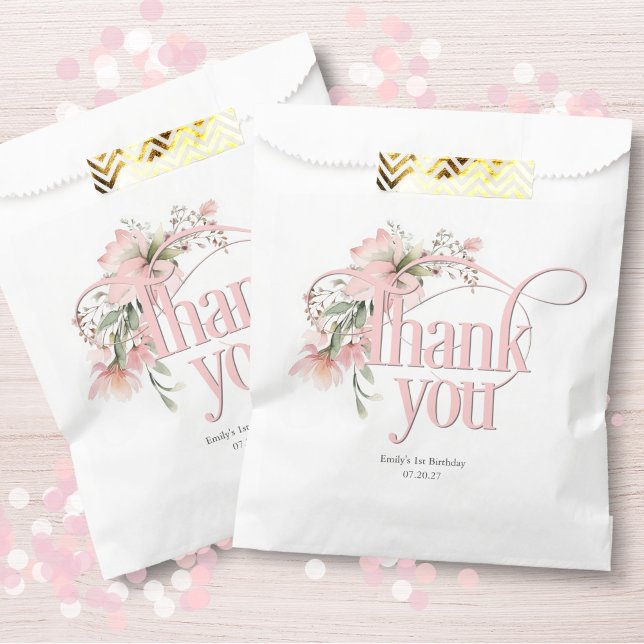 kleine vermisste Wildblume 1. Geburtstag Geschenktütchen (Pink elegant, little miss onederful, 1st birthday thank you favor bags.)