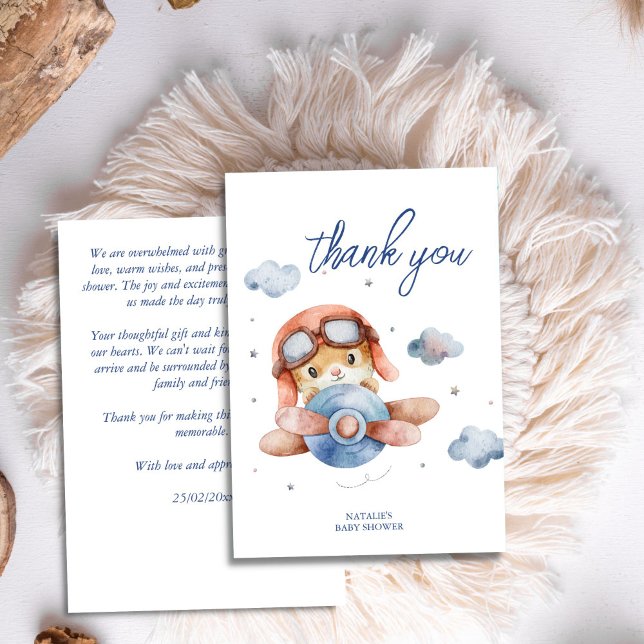 Kleine Vintage Flugzeugdusche Dankeskarte (Little pilot vintage airplane baby shower thank you card cute bunny pilot)