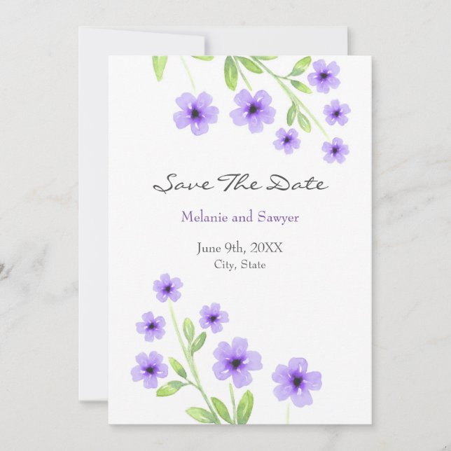 Kleine violette Wasserfarbenblüten Save The Date (Vorderseite)