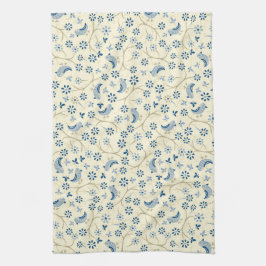 Kleine Vögel auf Zweigen. Retro, blaue Vögel, Sahn Geschirrtuch