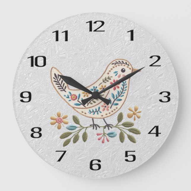 Kleine Vogelfarbenfrohe Blumenklemme Große Wanduhr (Vorderseite)
