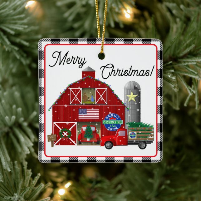 Kleine Weihnachtsbaumfarm und Stall im Red Truck Keramikornament (Baum)