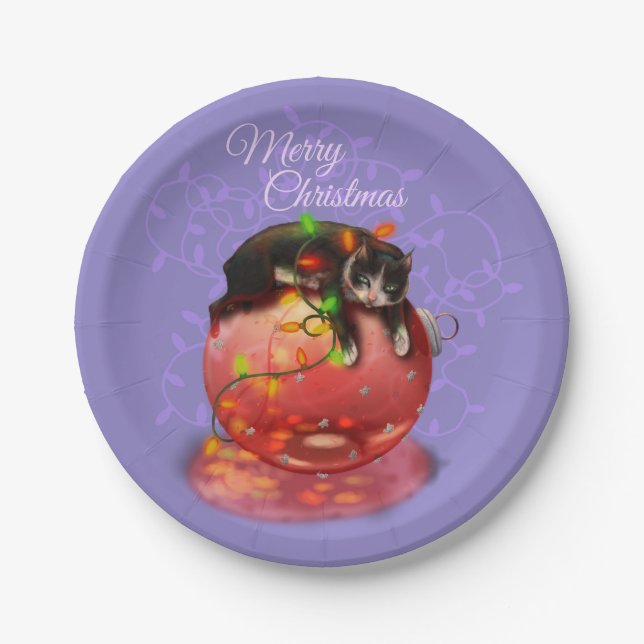 Kleine Weihnachtskatzenleuchten Garland Wintermagi Pappteller (Vorderseite)