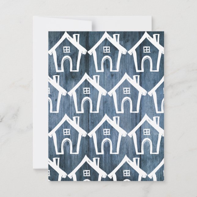 Kleine weiße Häuser auf blauem Holz, die wir umgez Einladung (Vorderseite)