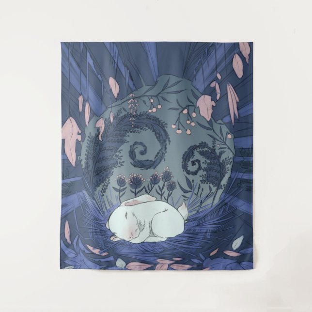 Kleine Weiße Kaninchen Schlafen Wandteppich (Vorderseite)