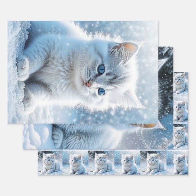 Kleine weiße Kätzchen in Schnee Weihnachten Geschenkpapier Set (Set)