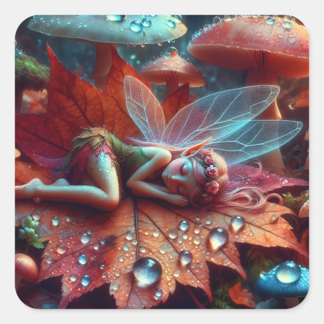 Kleine Whimsical Fairy Schlaf auf einem Lein Quadratischer Aufkleber (Vorderseite)