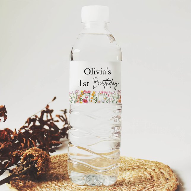 Kleine Wildblume 1. Mädchen Geburtstag Wasserflaschenetikett (Von Creator hochgeladen)