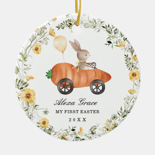 Kleine Wildblume Bunny Rabbit Erster Ostern Keramik Ornament (Vorne)
