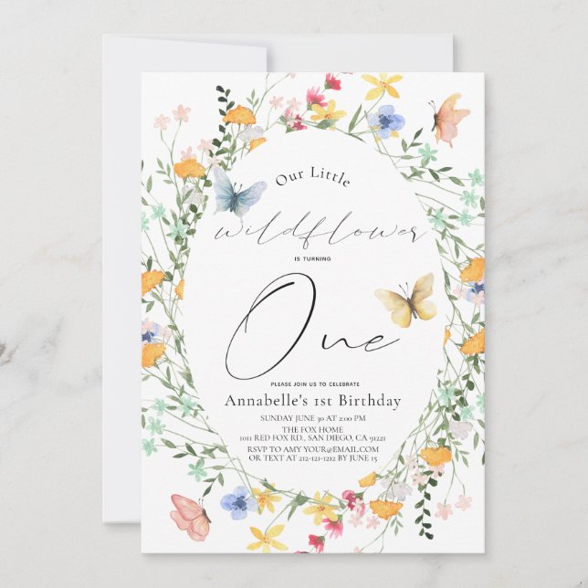 Kleine Wildblume Butterfly Oval Girl 1. Geburtstag Einladung (Vorderseite)