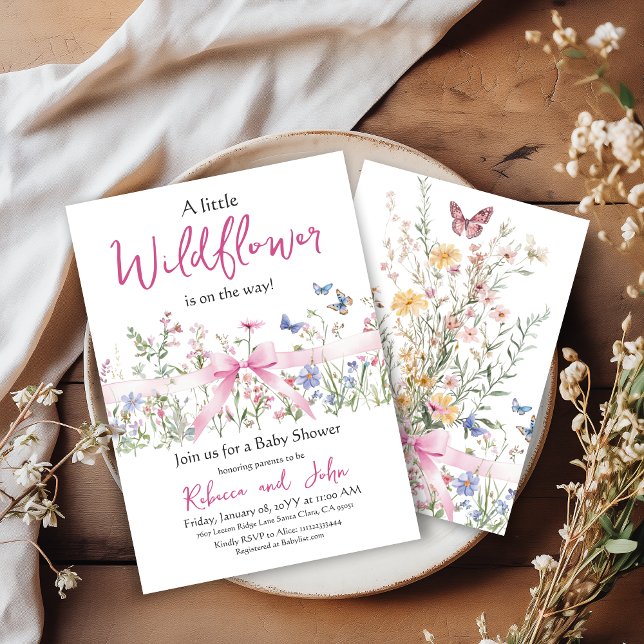 Kleine Wildblume Floral Girl Pink Bow Babydusche Einladung (Von Creator hochgeladen)