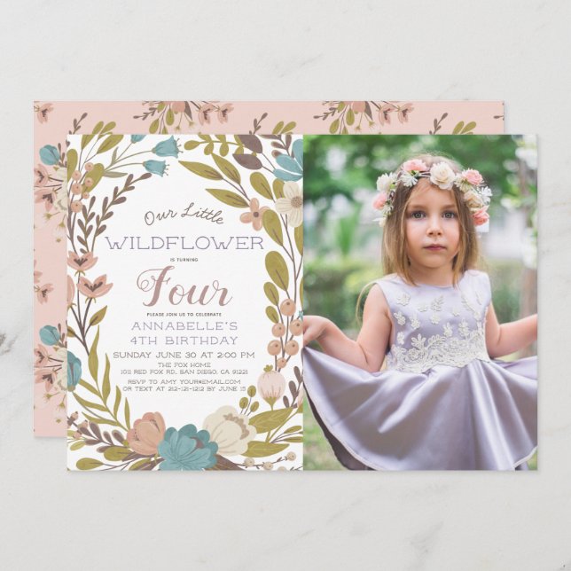 Kleine Wildblume Foto Geburtstag Einladung (Vorne/Hinten)