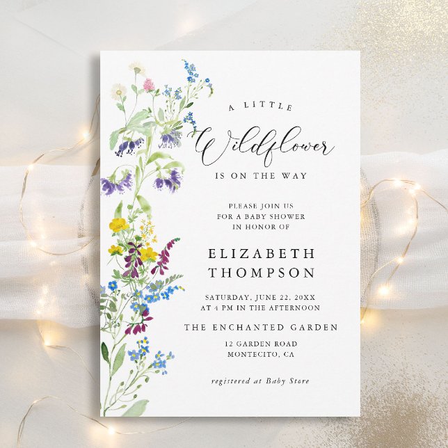 Kleine Wildblume Garden Chic Girl Babydusche Einladung (wildflowers baby shower invitation little garden elegant watercolor modern calligraphy backyard)