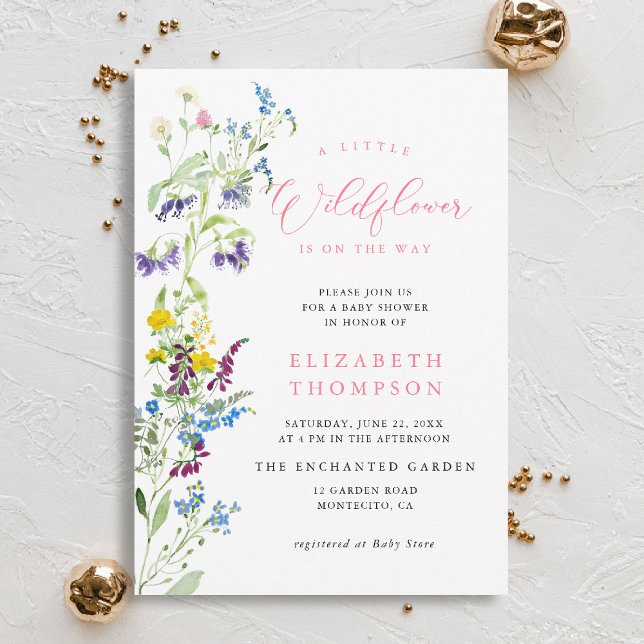 Kleine Wildblume Garden Pink Girl Babydusche Einladung (wildflowers baby shower invitation little garden elegant pink watercolor modern calligraphy)
