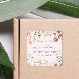 Kleine Wildblume macht einen Hübschen 1. Geburtsta Quadratischer Aufkleber