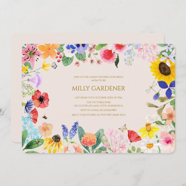 Kleine Wildblume Mama auf Bee Baby Dusche Einladung (Vorne/Hinten)