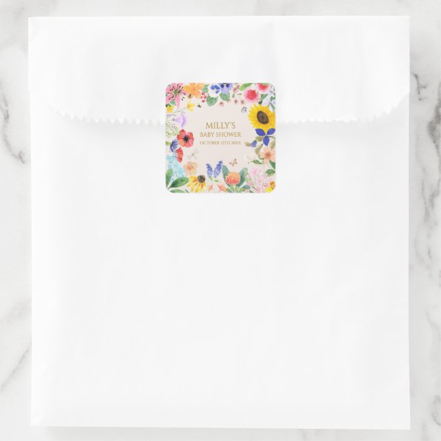 Kleine Wildblume Mama auf Bee Baby Dusche Quadratischer Aufkleber (Tasche)