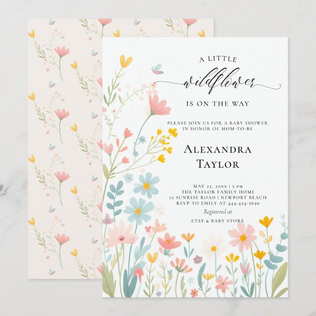 Kleine Wildblume Script Pastels Baby Girl Shower Einladung (Vorne/Hinten)