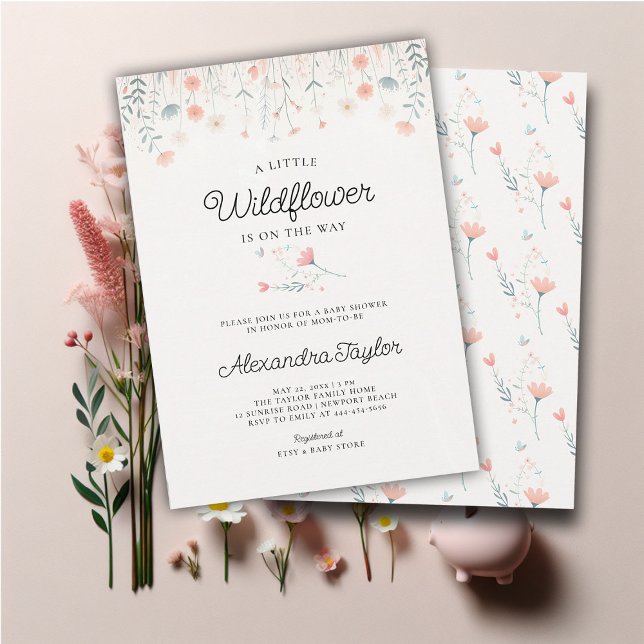 Kleine Wildblume Tiny Coral Aquamarin Baby Girl Du Einladung (little wildflower baby girl shower invitation cottage garden watercolor pink teal pastel tiny flower)