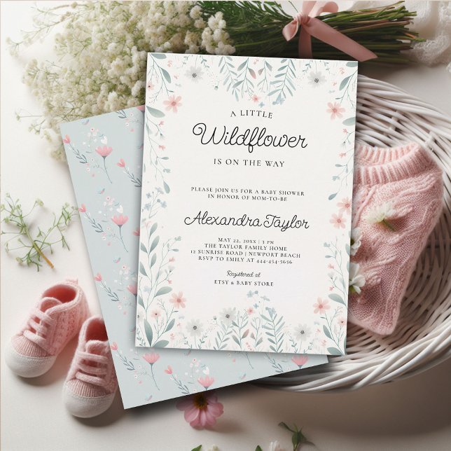 Kleine Wildblume Tiny Periwinkle Babydusche Einladung (little wildflower baby girl shower invitation cottage garden watercolor pink teal pastel cute frame)