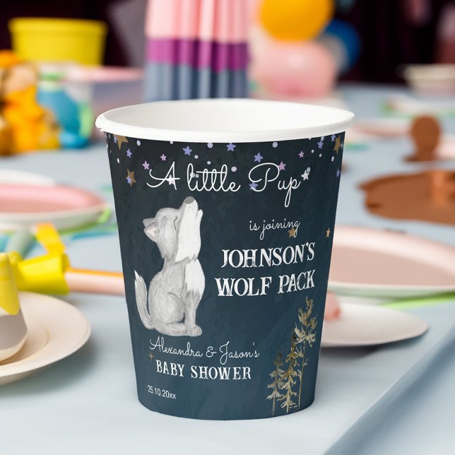 Kleine Wolfspülung zum Thema Babydusche Pappbecher (Little wolf themed baby shower tableware personalized paper cups cute howling wolf cub starry night)